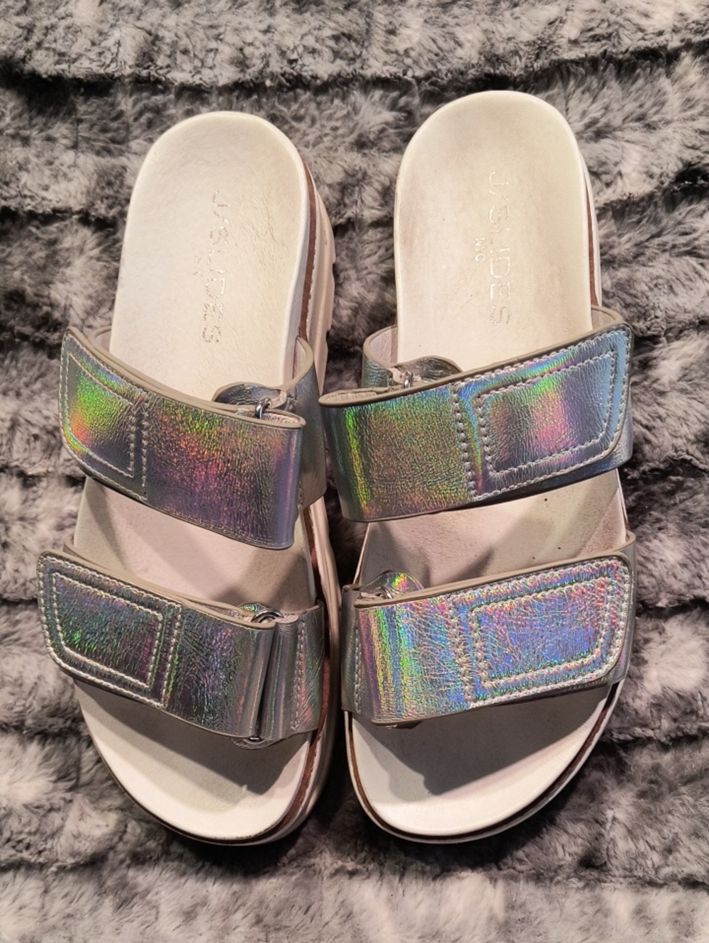 J/ Slides Silver Sandals - Adjustable Double Strap Women's